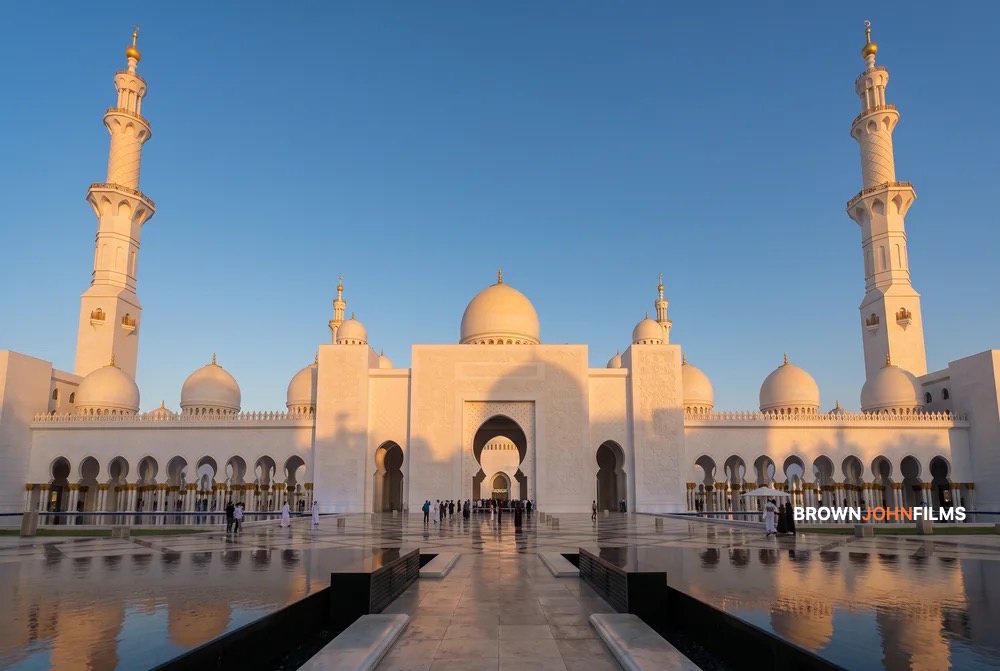 White marble mosque with domes and minarets in evening light
