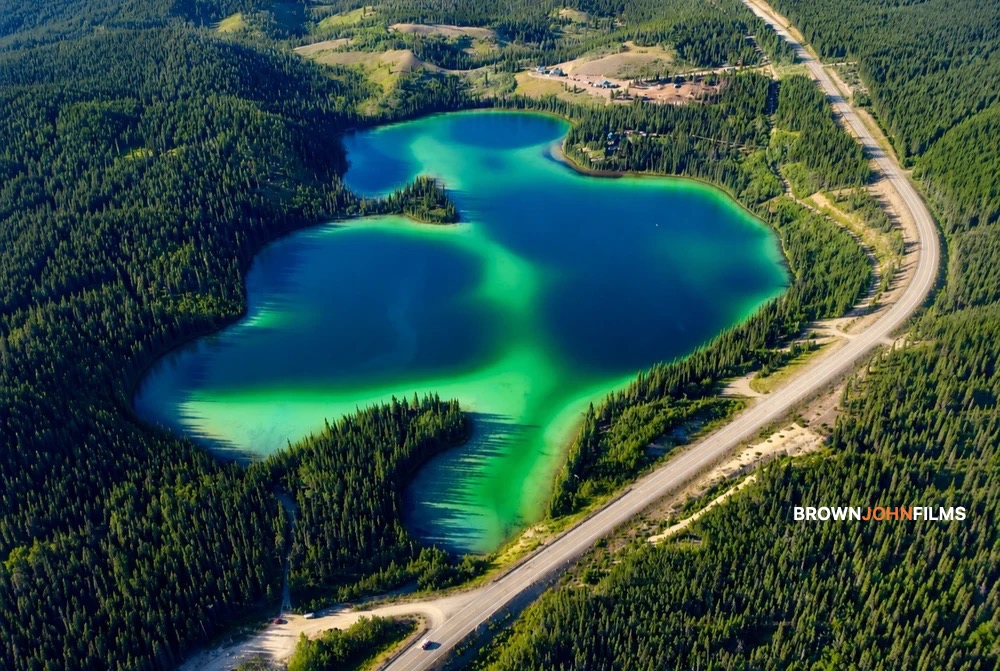 Two turquoise lakes ringed by boreal forest, seen from the air